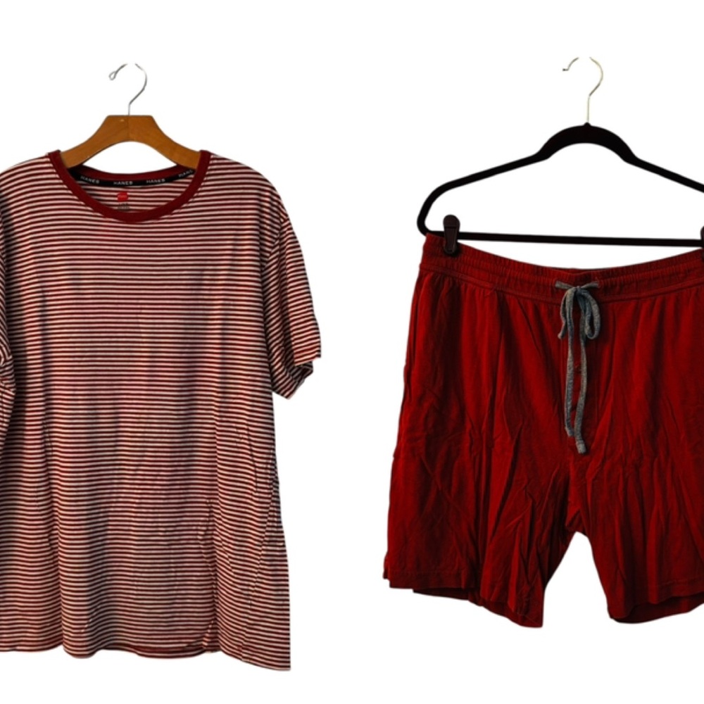 Hanes Red and White Striped T-Shirt and Shorts Set Size L 10 0510